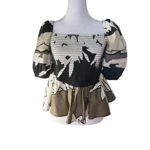 Autumn Adeigbo X Neiman Marcus Women's Puff Sleeve Smock Peplum Floral Top 8 NWT